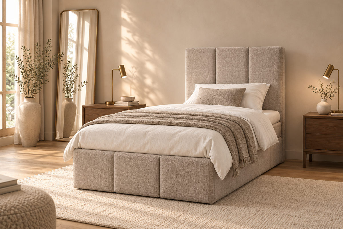 Strakke lijnen en warm beige, voor één persoon.
