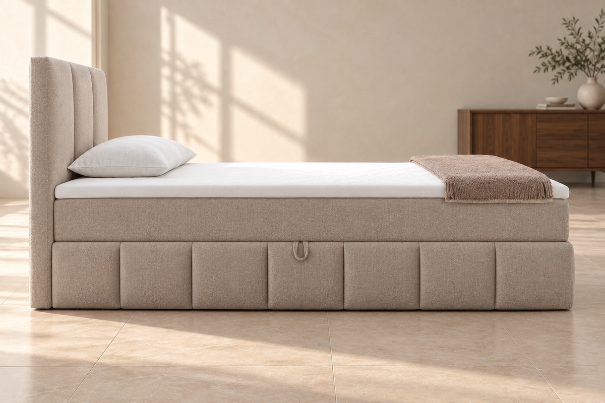 Boxspring Bari | Beige met 8 cm topper (Eenpersoons)