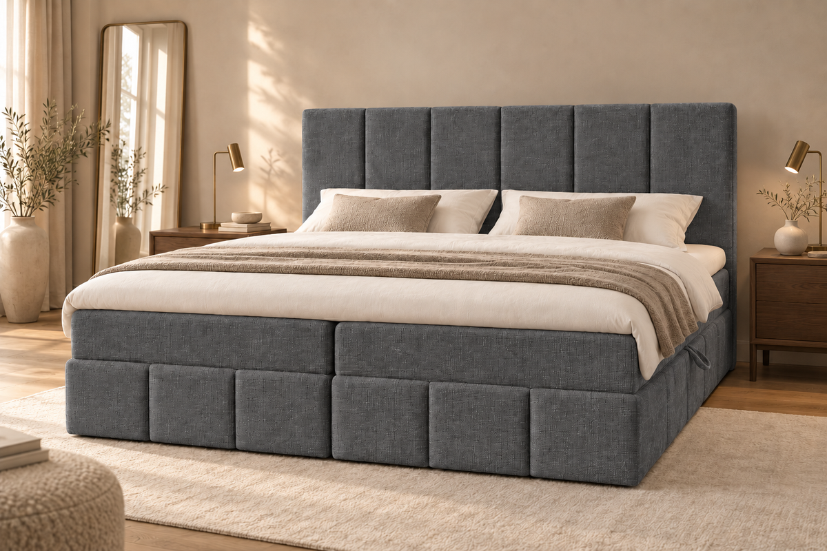 Boxspring Bari | Gris avec surmatelas de 8 cm