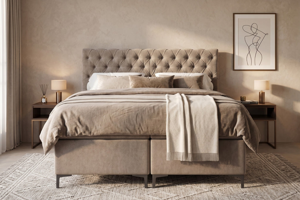 Boxspring Carrara | Taupe met 8 cm Topper
