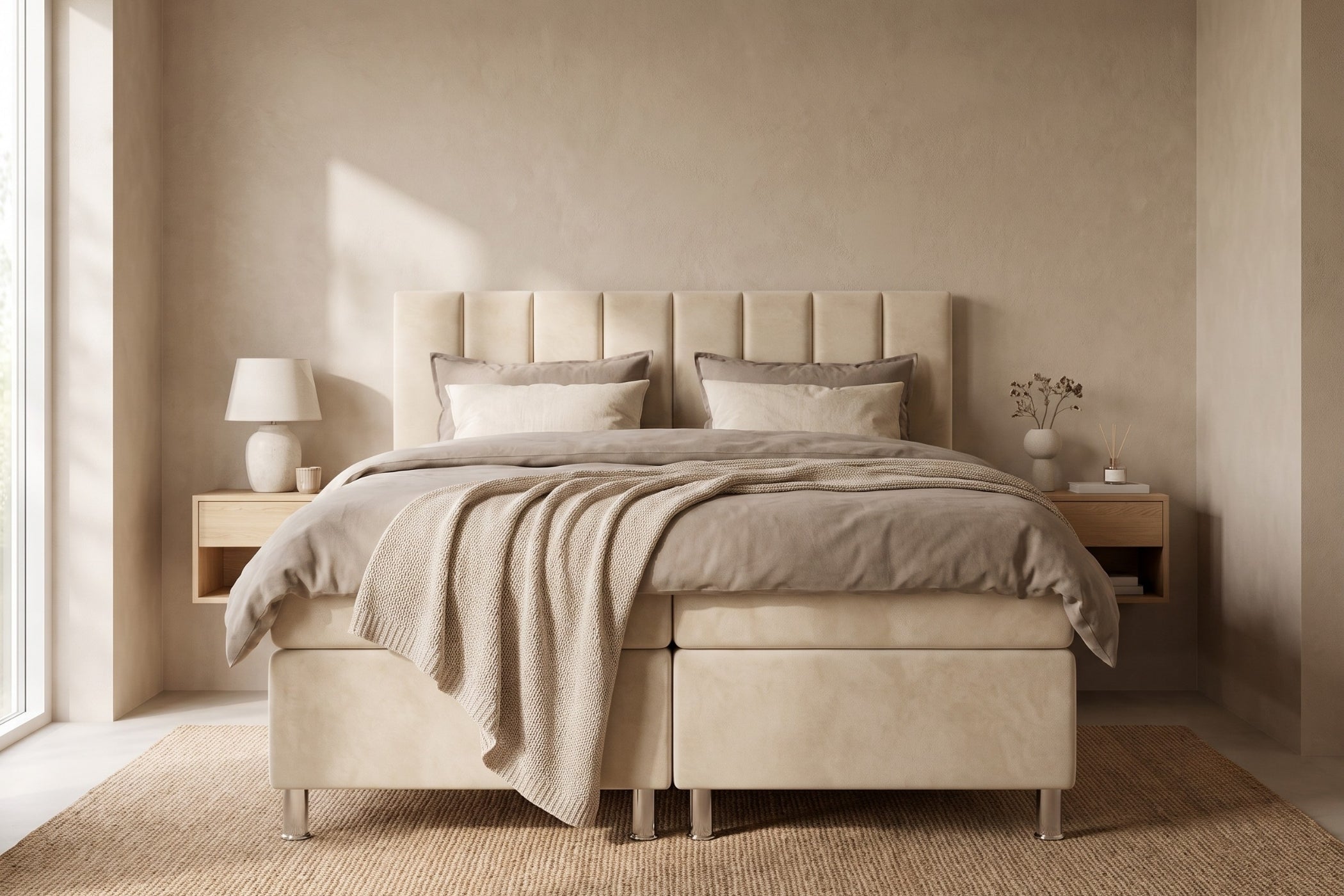 Boxspring Enna | Beige met 8 cm Topper