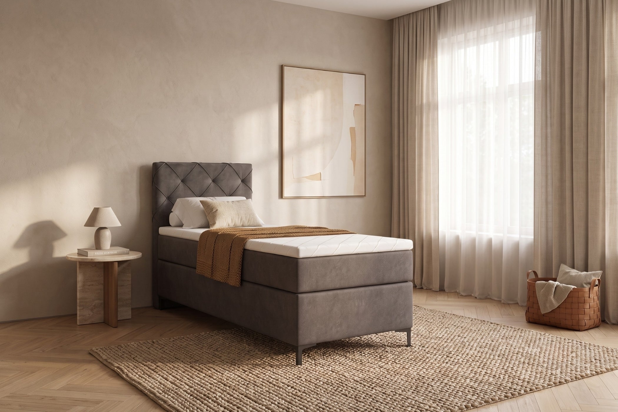Boxspring Lodi | Gris met 8 cm Topper (Une personne)