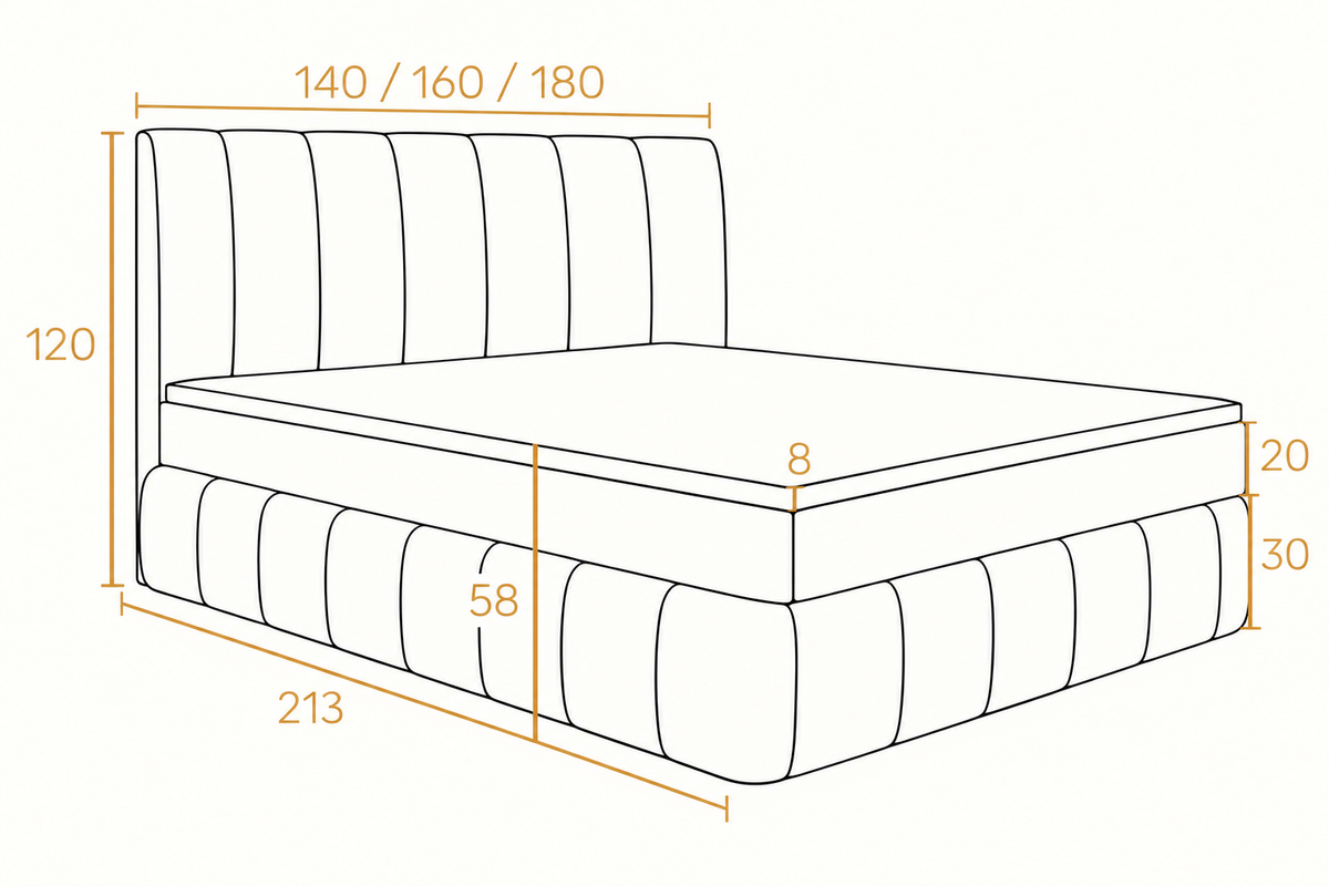 Boxspring Bari | Beige avec surmatelas de 8 cm Dimensions drawing