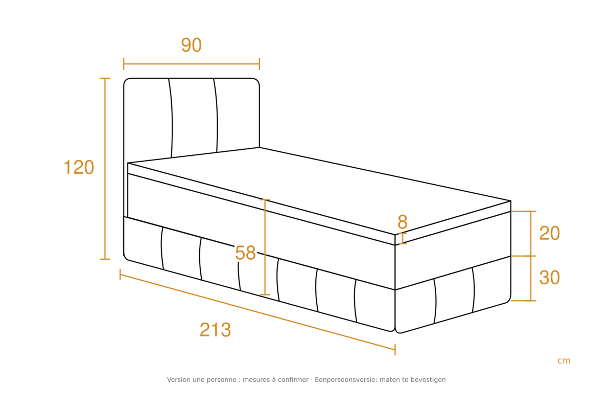 Boxspring Bari | Beige met 8 cm topper (Eenpersoons) Dimensions drawing