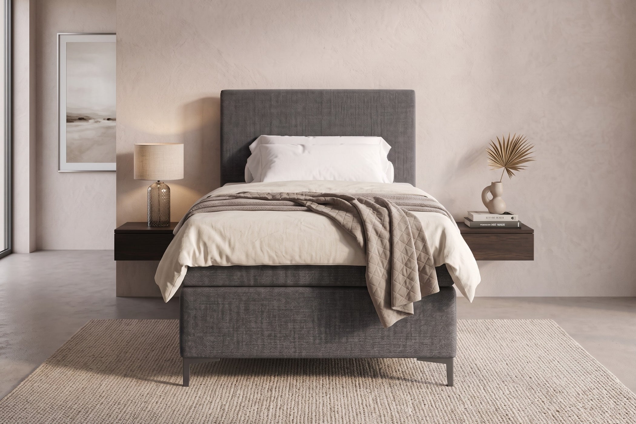 Boxspring Matera | Gris met 8 cm Topper (Une personne)