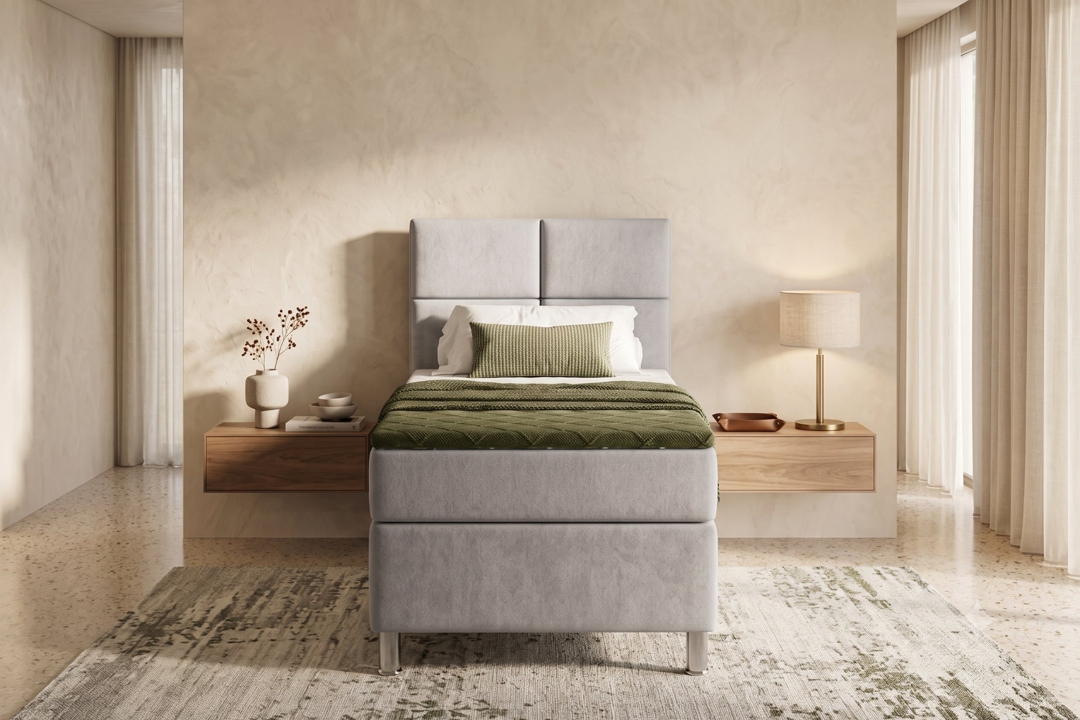 Boxspring Pavia | Gris met 8 cm Topper (Une personne)