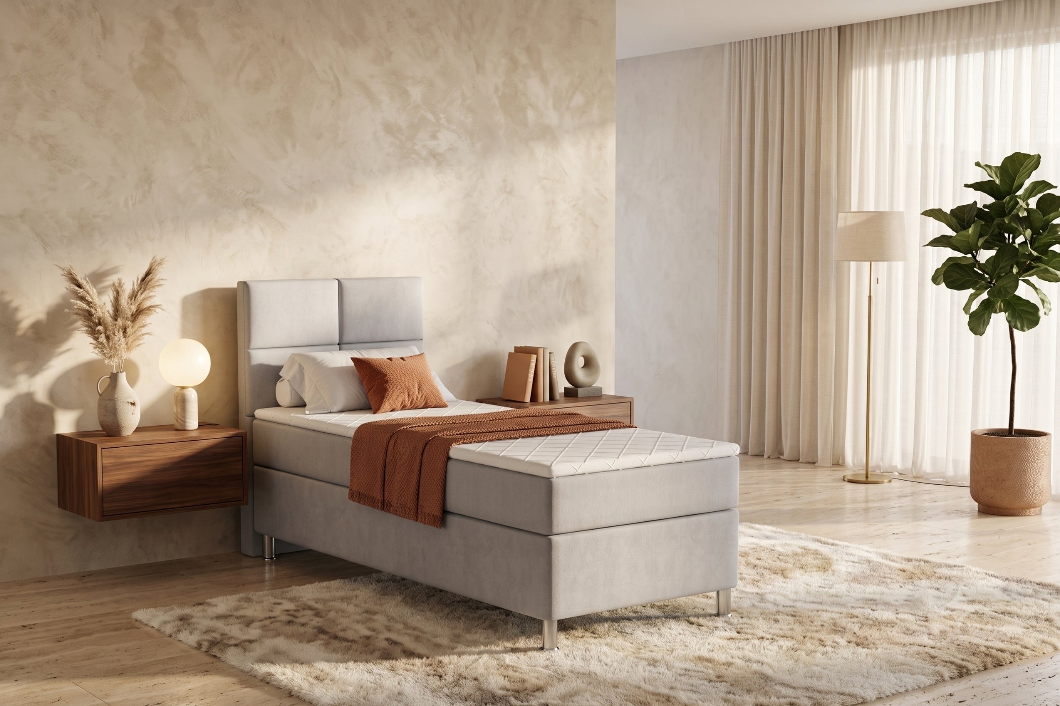 Boxspring Pavia | Gris met 8 cm Topper (Une personne)